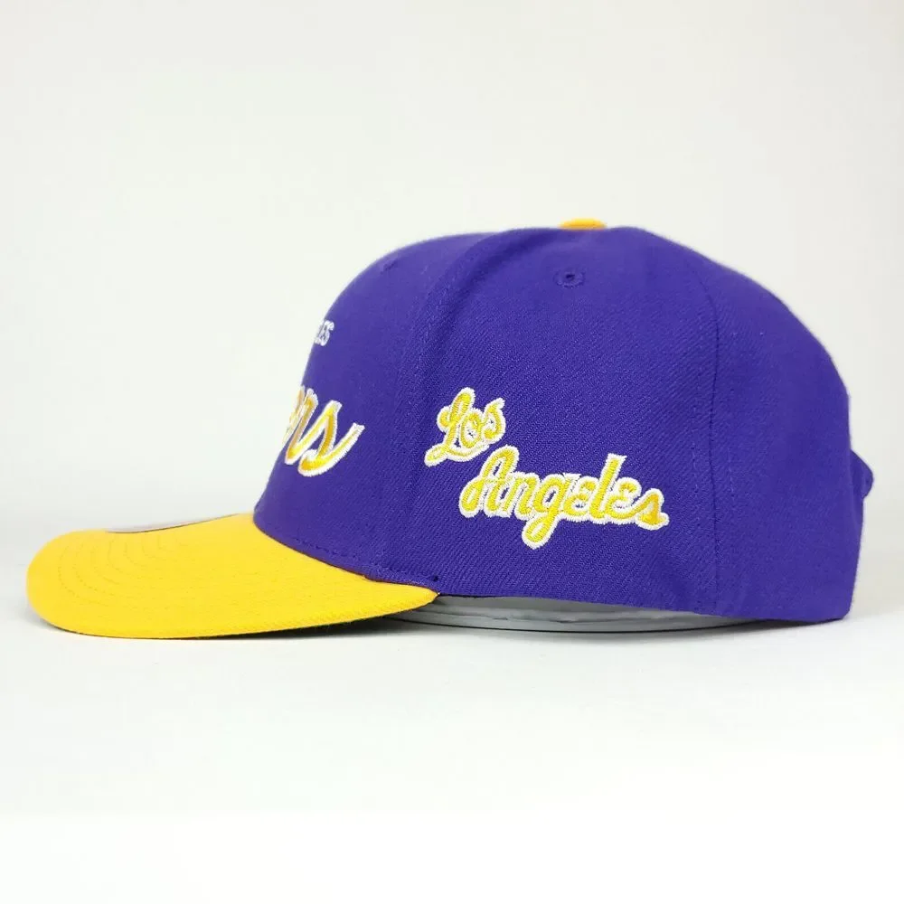LA Lakers Mitchell‎ & Ness NBA Pro Fit Snapback Hat Cap Script Logo Purple NWT